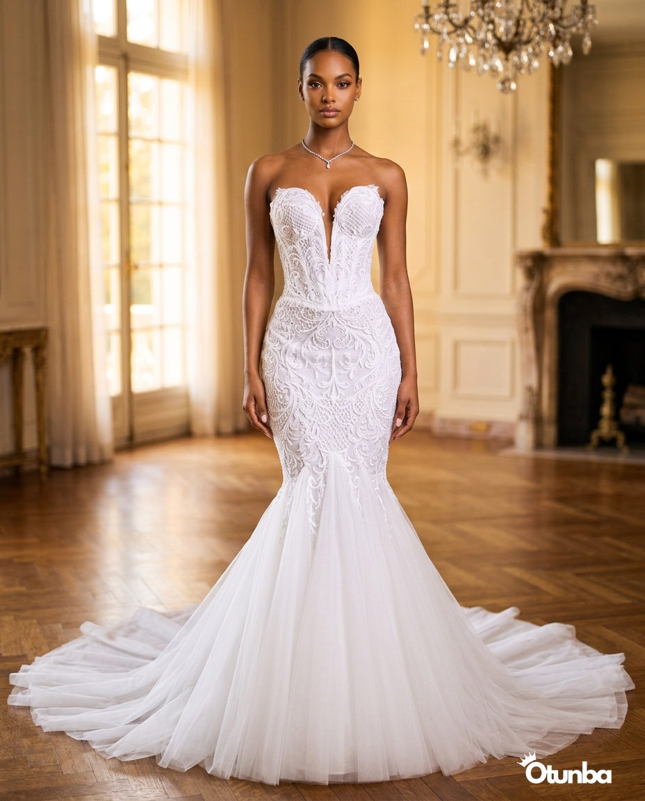 Luxury Lace Mermaid Wedding Dress | Deep V-Neck — Social 3 | OTUNBA Luxury Fashion