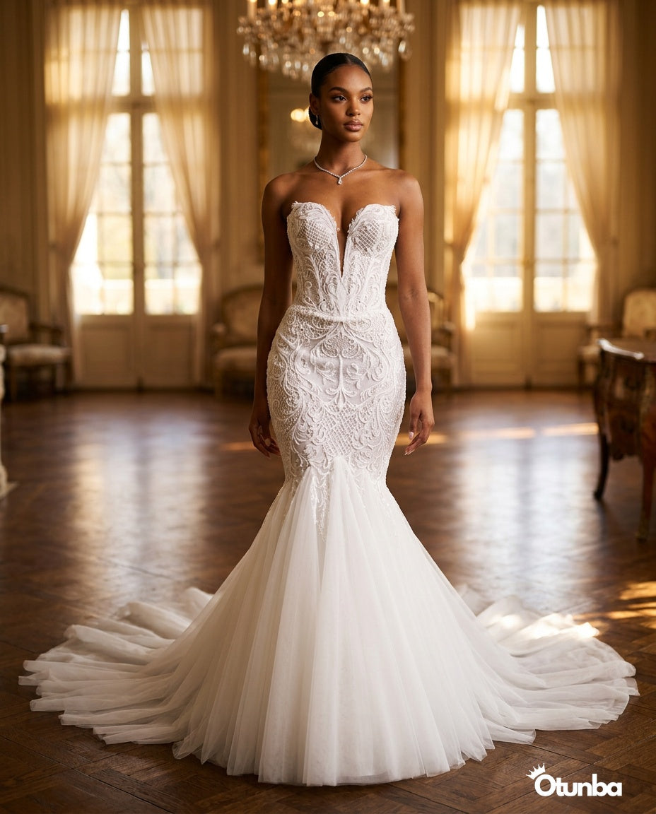 Luxury Lace Mermaid Wedding Dress | Deep V-Neck — Social 4 | OTUNBA Luxury Fashion