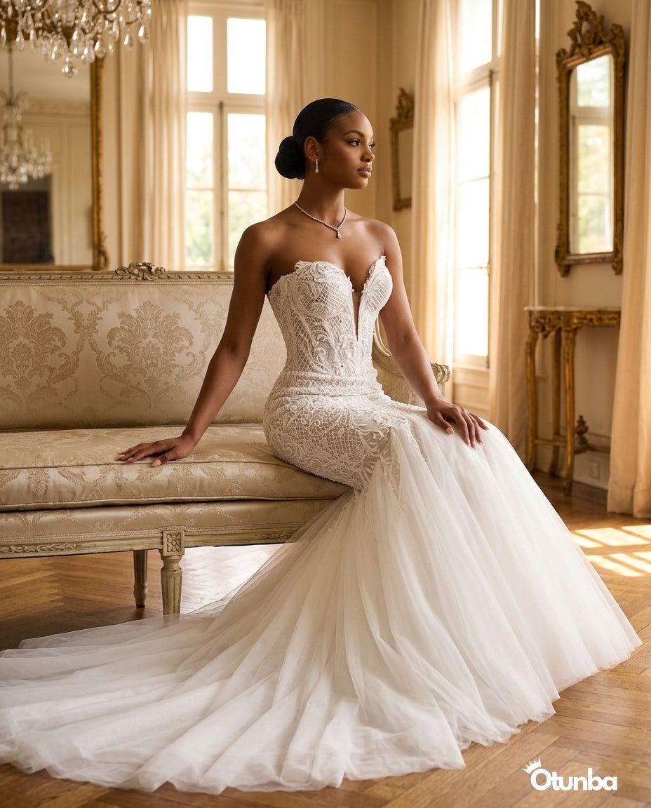 Luxury Lace Mermaid Wedding Dress | Deep V-Neck — Social 5 | OTUNBA Luxury Fashion