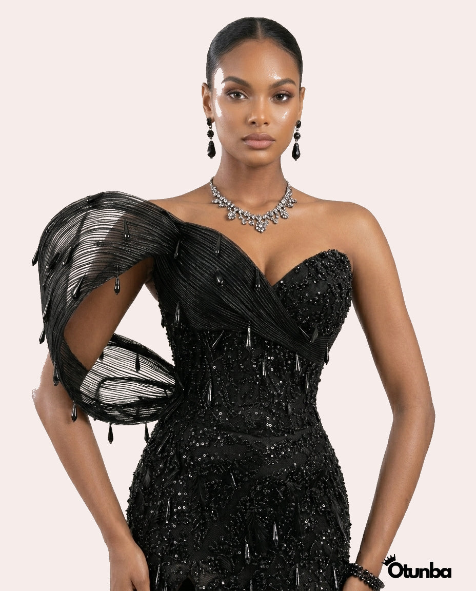 Luxury Long Prom Beaded Lace Dress | Black OTUNBA Luxury Long Prom Beaded Lace Dress | Black OTUNBA