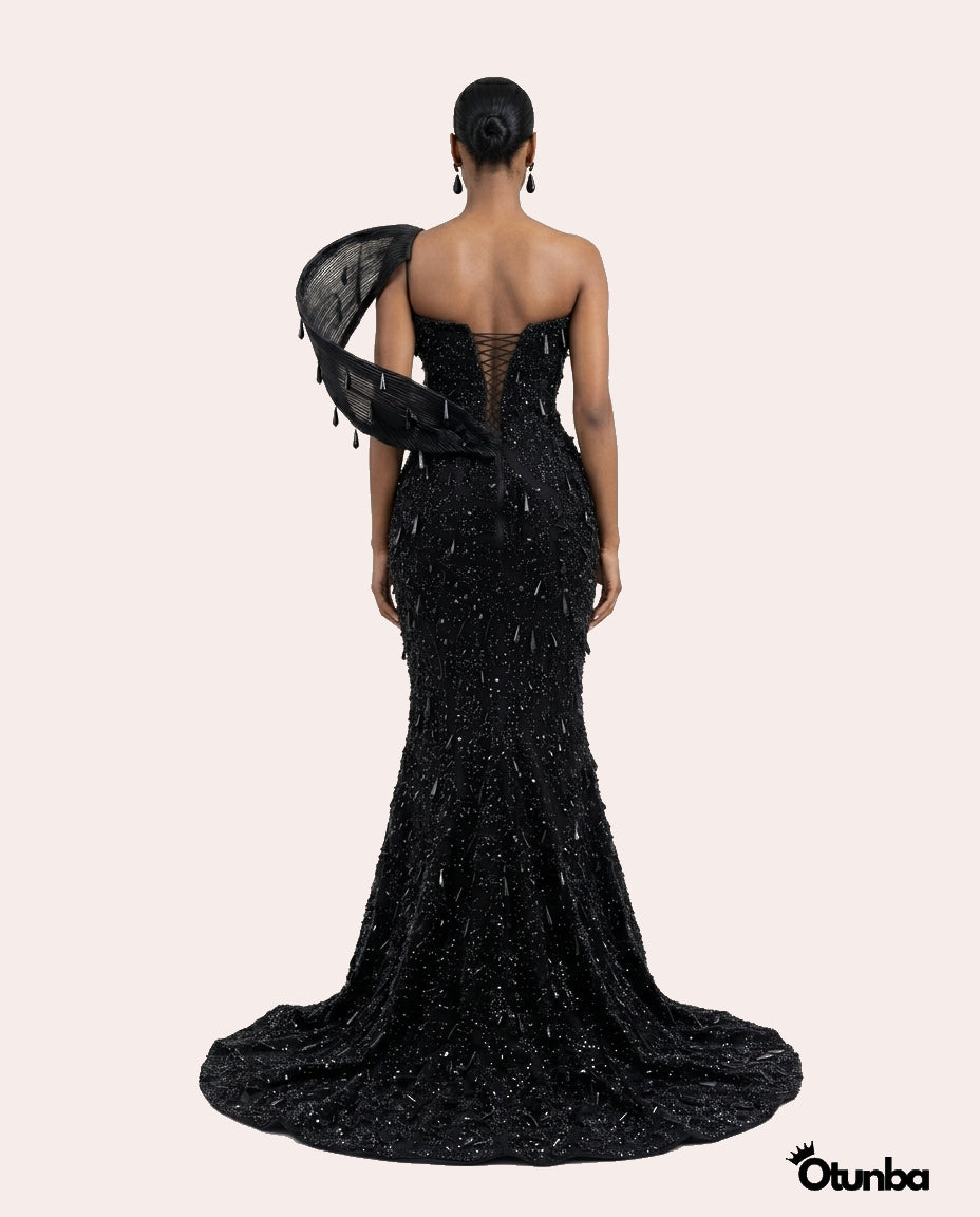 Luxury Long Prom Beaded Lace Dress | Black OTUNBA Luxury Long Prom Beaded Lace Dress | Black OTUNBA