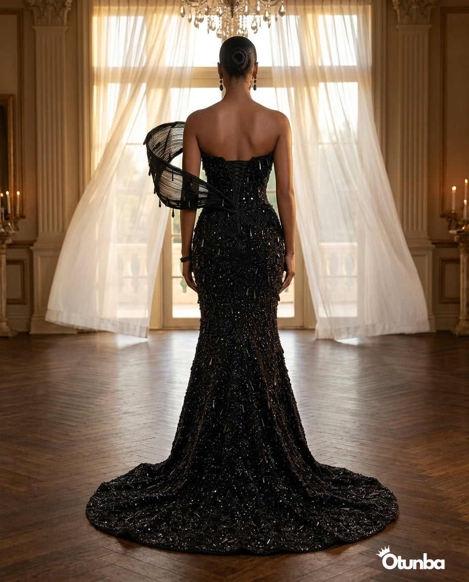 Luxury Long Prom Beaded Lace Dress | Black — Social 1 | OTUNBA Luxury Fashion