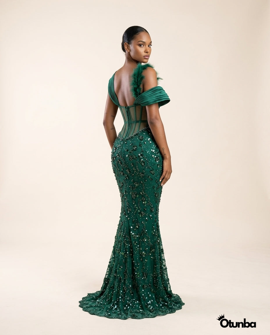Luxury Long Prom Lace Dress| Emerald Green