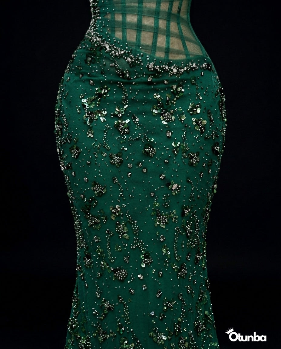 Luxury Long Prom Lace Dress| Emerald Green — Photo 3 | OTUNBA Luxury Fashion