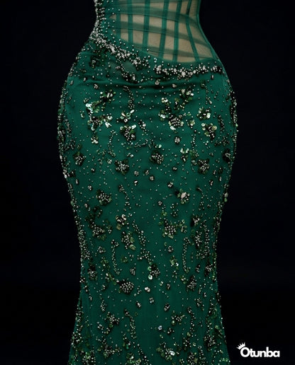 Luxury Long Prom Lace Dress| Emerald Green — Photo 3 | OTUNBA Luxury Fashion