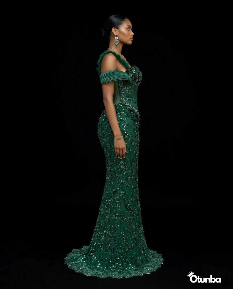 Luxury Long Prom Lace Dress| Emerald Green — Photo 4 | OTUNBA Luxury Fashion