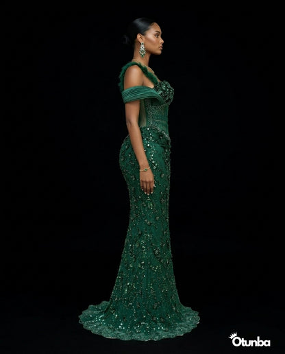 Luxury Long Prom Lace Dress| Emerald Green — Photo 4 | OTUNBA Luxury Fashion