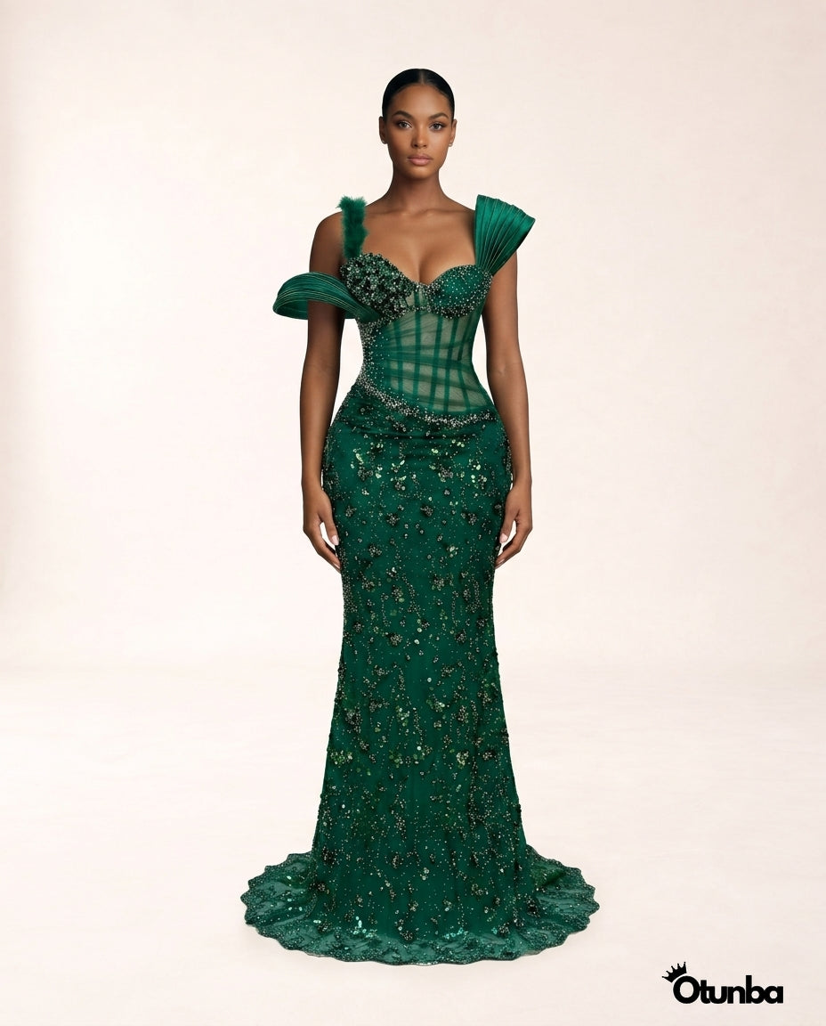 Luxury Long Prom Lace Dress| Emerald Green — Photo 5 | OTUNBA Luxury Fashion