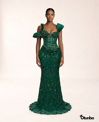 Luxury Long Prom Lace Dress| Emerald Green — Photo 5 | OTUNBA Luxury Fashion