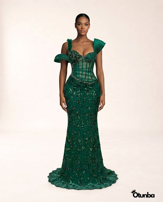 Luxury Long Prom Lace Dress| Emerald Green — Photo 5 | OTUNBA Luxury Fashion