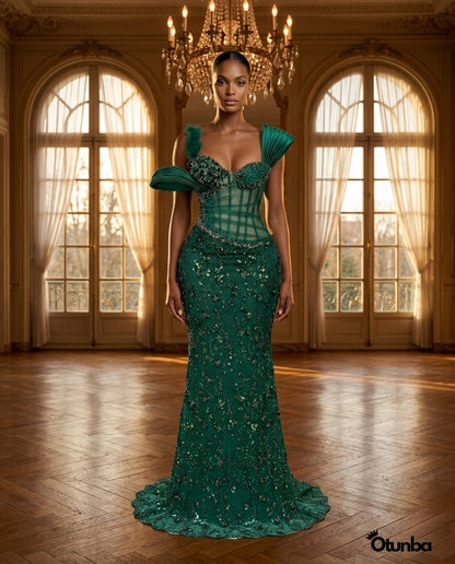 Luxury Long Prom Lace Dress| Emerald Green — Social 1 | OTUNBA Luxury Fashion