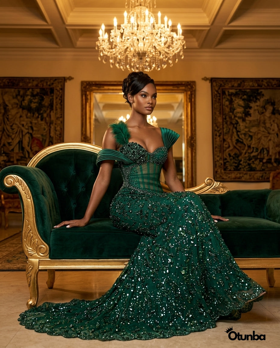 Luxury Long Prom Lace Dress| Emerald Green — Social 5 | OTUNBA Luxury Fashion