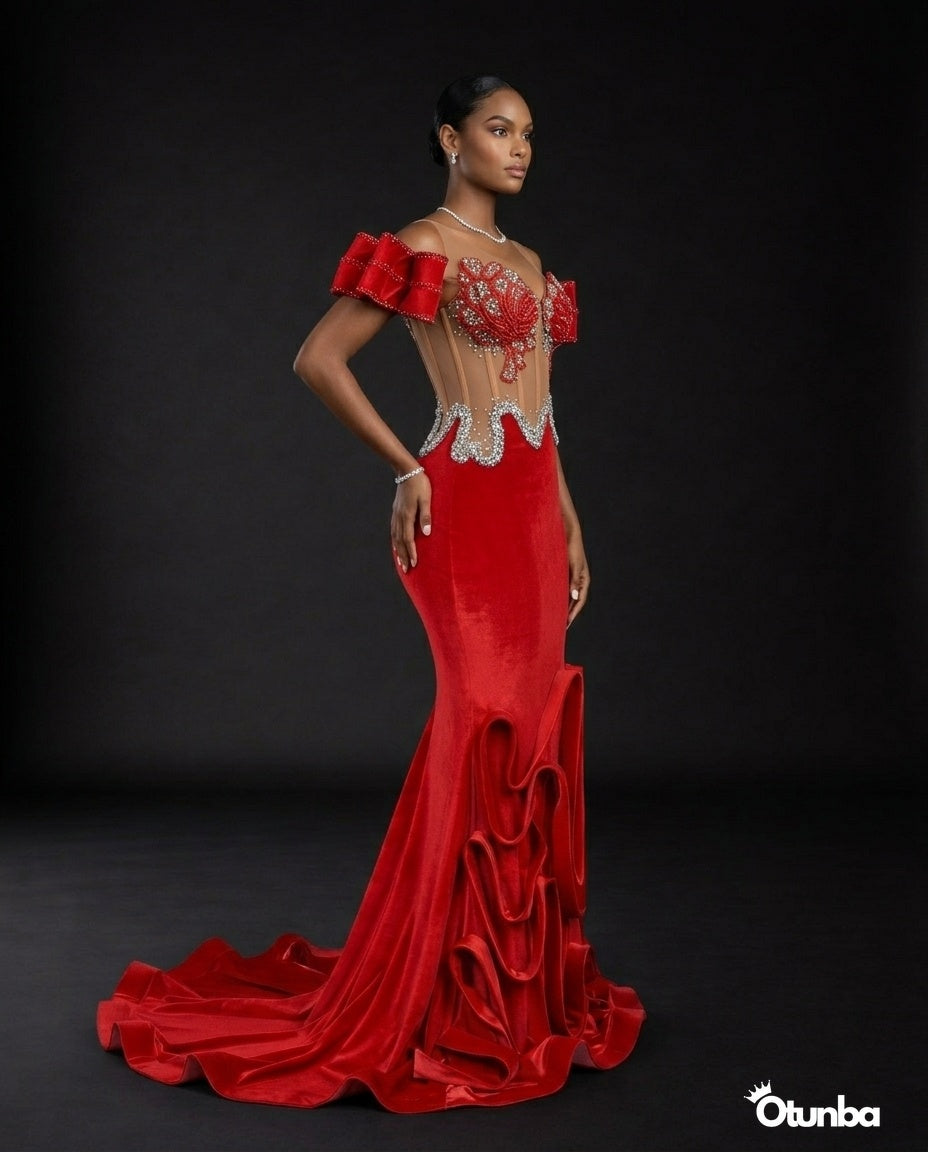 Luxury Long Prom Mermaid Dress with Tail | Red — Photo 4 | OTUNBA Luxury Fashion
