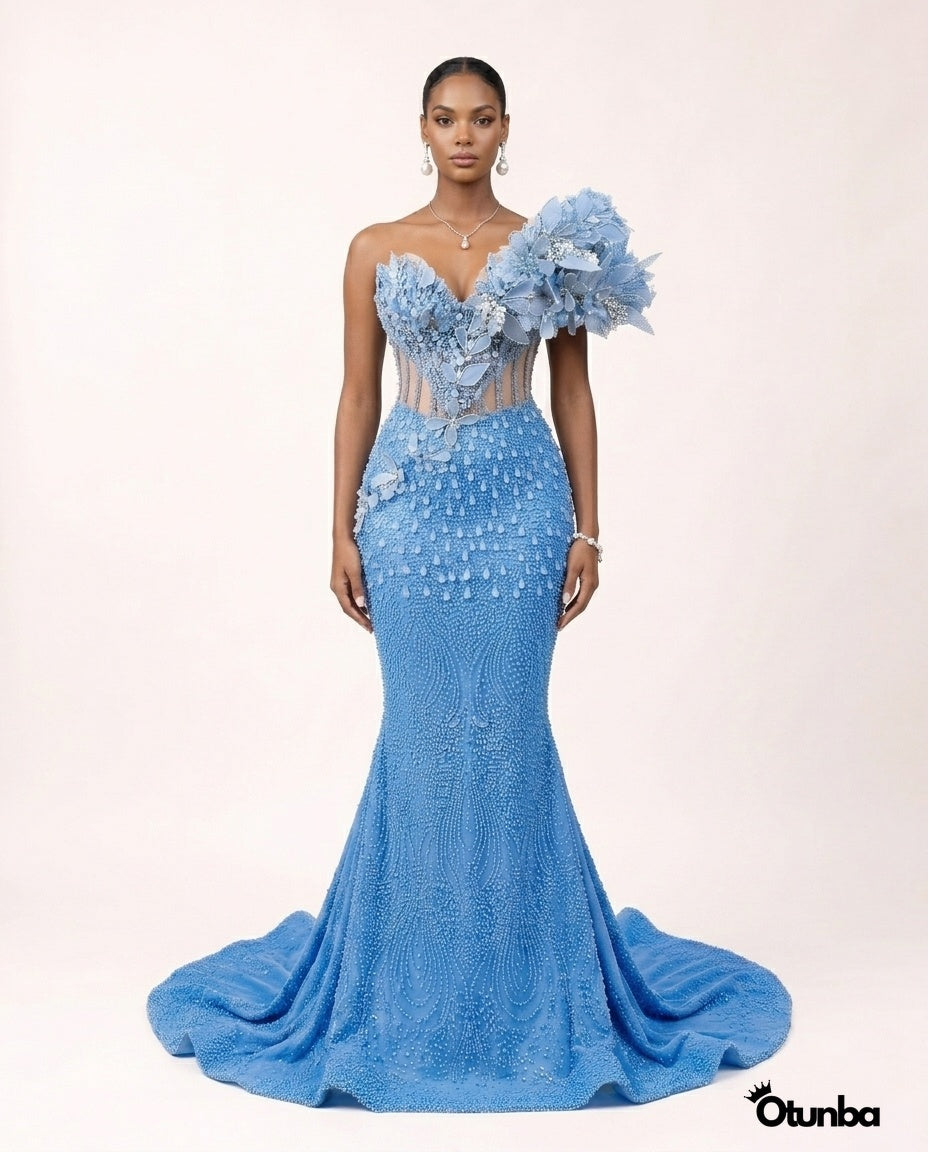 Luxury Long Prom Pearl Detailing Dress | Blue Gown