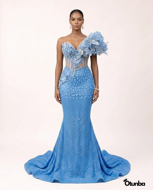 Luxury Long Prom Pearl Detailing Dress | Blue Gown — Photo 1 | OTUNBA Luxury Fashion