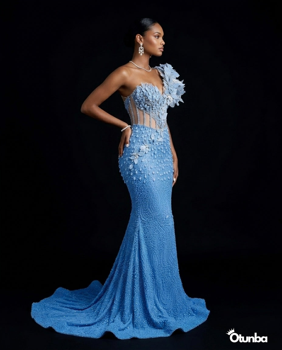 Luxury Long Prom Pearl Detailing Dress | Blue Gown — Photo 2 | OTUNBA Luxury Fashion