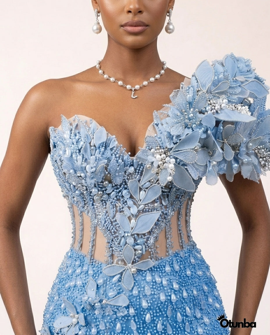 Luxury Long Prom Pearl Detailing Dress | Blue Gown — Photo 3 | OTUNBA Luxury Fashion
