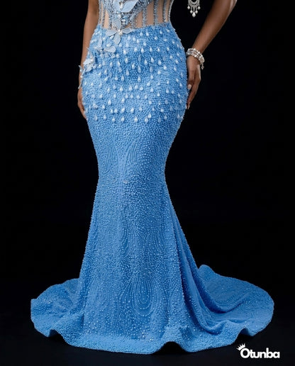 Luxury Long Prom Pearl Detailing Dress | Blue Gown — Photo 4 | OTUNBA Luxury Fashion