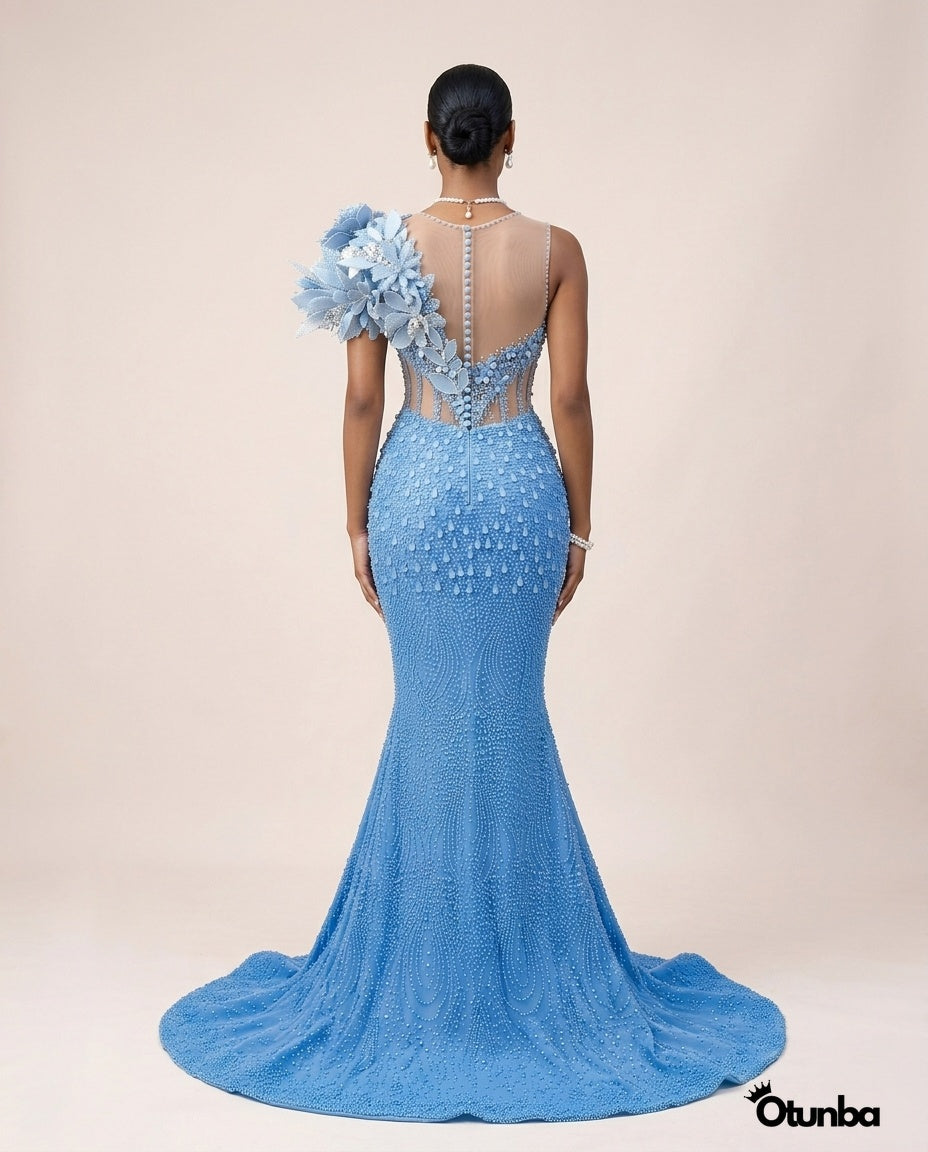 Luxury Long Prom Pearl Detailing Dress | Blue Gown — Photo 5 | OTUNBA Luxury Fashion