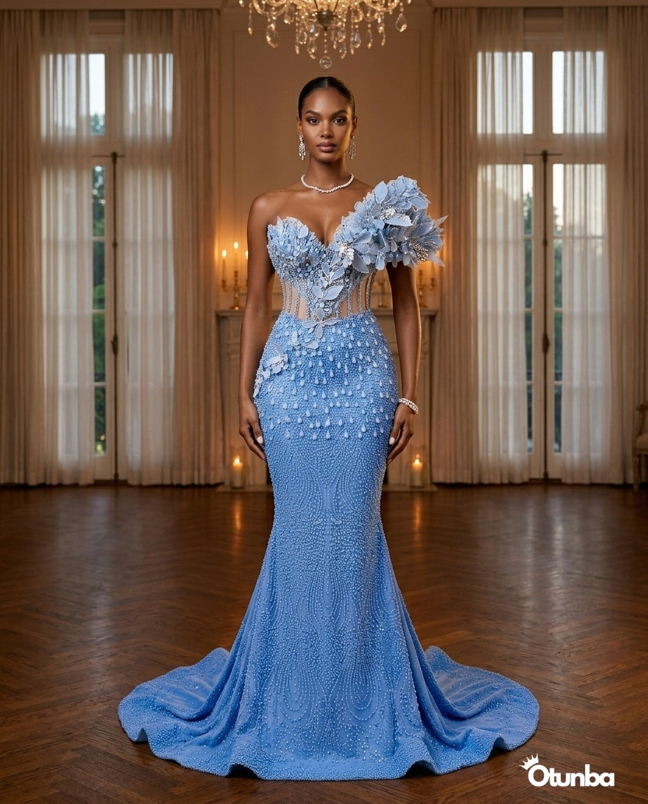 Luxury Long Prom Pearl Detailing Dress | Blue Gown — Social 5 | OTUNBA Luxury Fashion