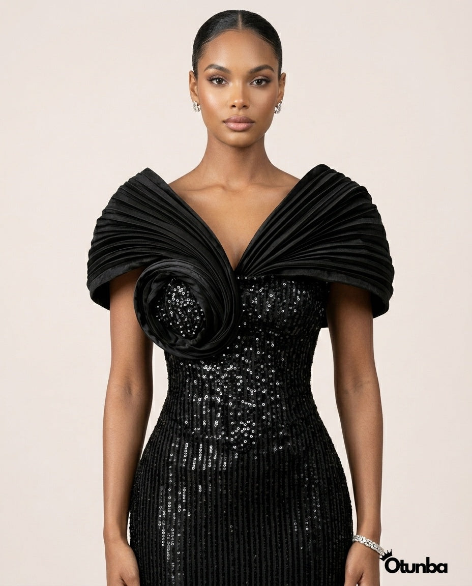 Luxury Long Prom Silver Sequence Dress | Black — Photo 2 | OTUNBA Luxury Fashion