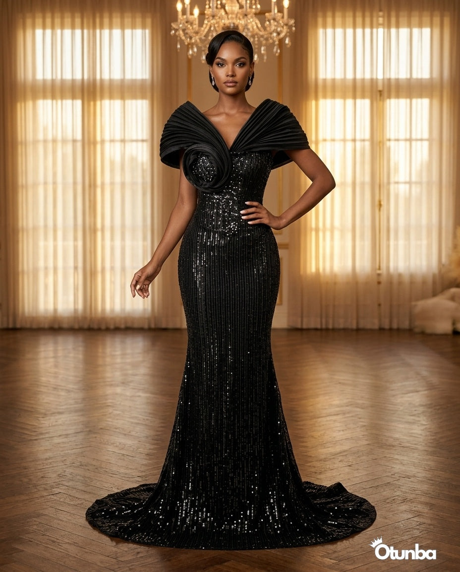 Luxury Long Prom Silver Sequence Dress | Black — Social 1 | OTUNBA Luxury Fashion