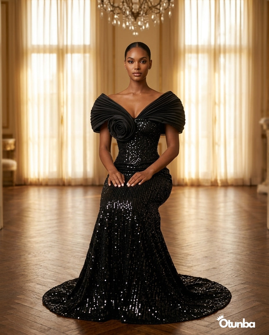 Luxury Long Prom Silver Sequence Dress | Black OTUNBA Luxury Long Prom Silver Sequence Dress | Black OTUNBA