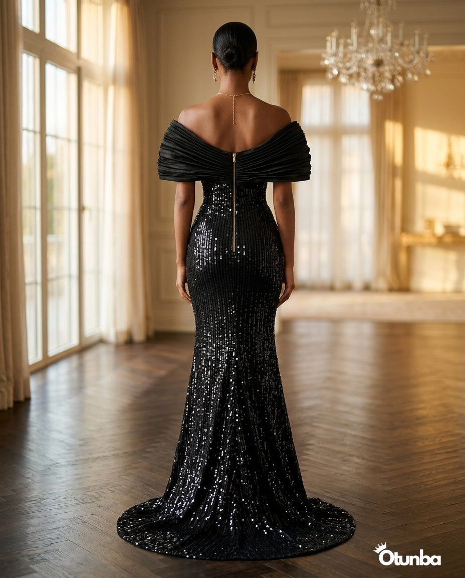 Luxury Long Prom Silver Sequence Dress | Black — Social 4 | OTUNBA Luxury Fashion