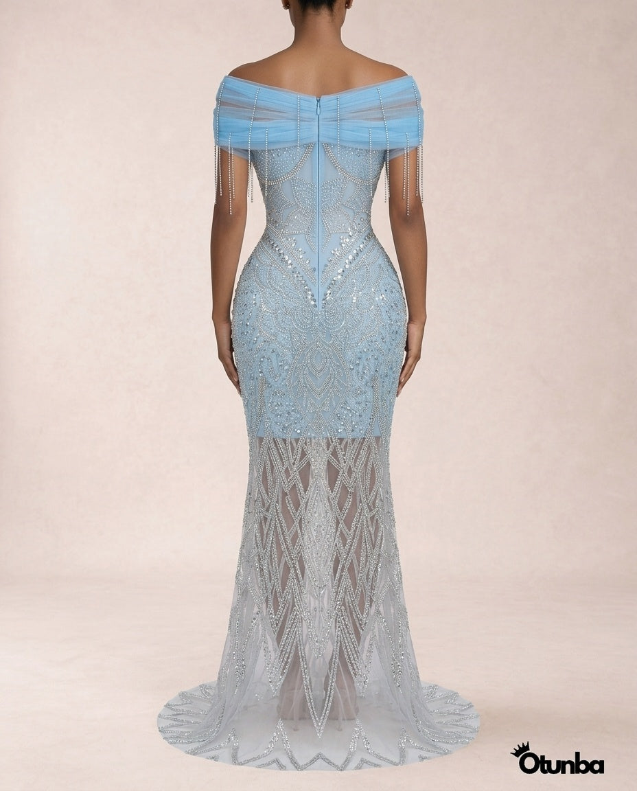 Luxury Long Prom Silver Sequence Dress | Blue — Photo 1 | OTUNBA Luxury Fashion