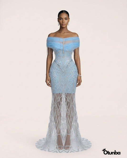 Luxury Long Prom Silver Sequence Dress | Blue — Photo 5 | OTUNBA Luxury Fashion