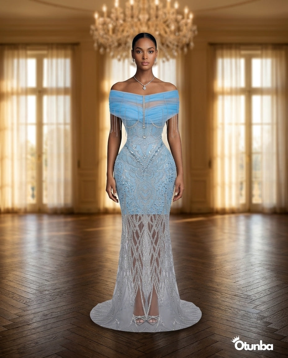 Luxury Long Prom Silver Sequence Dress | Blue OTUNBA Luxury Long Prom Silver Sequence Dress | Blue OTUNBA