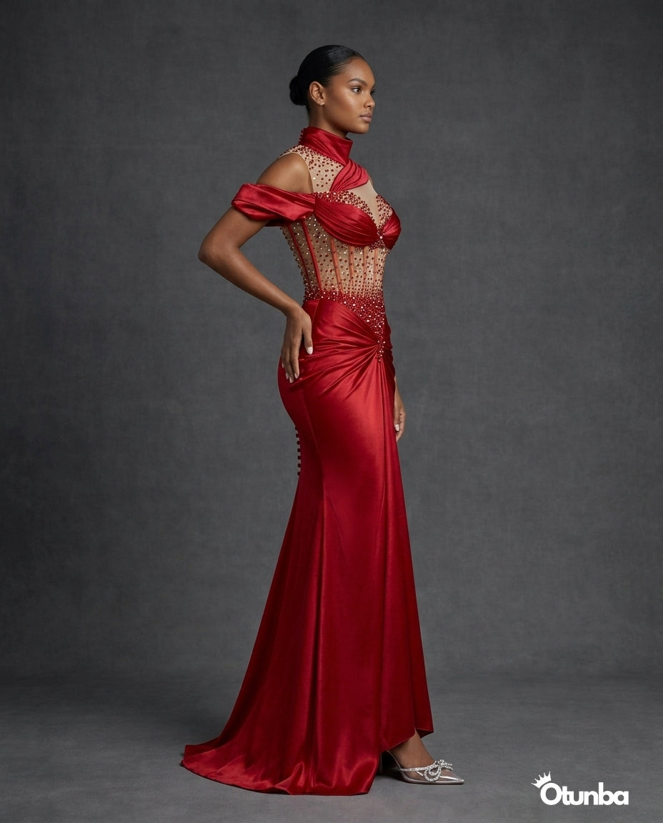 Luxury Long Satin Prom Corset Dress | Red OTUNBA Luxury Long Satin Prom Corset Dress | Red OTUNBA