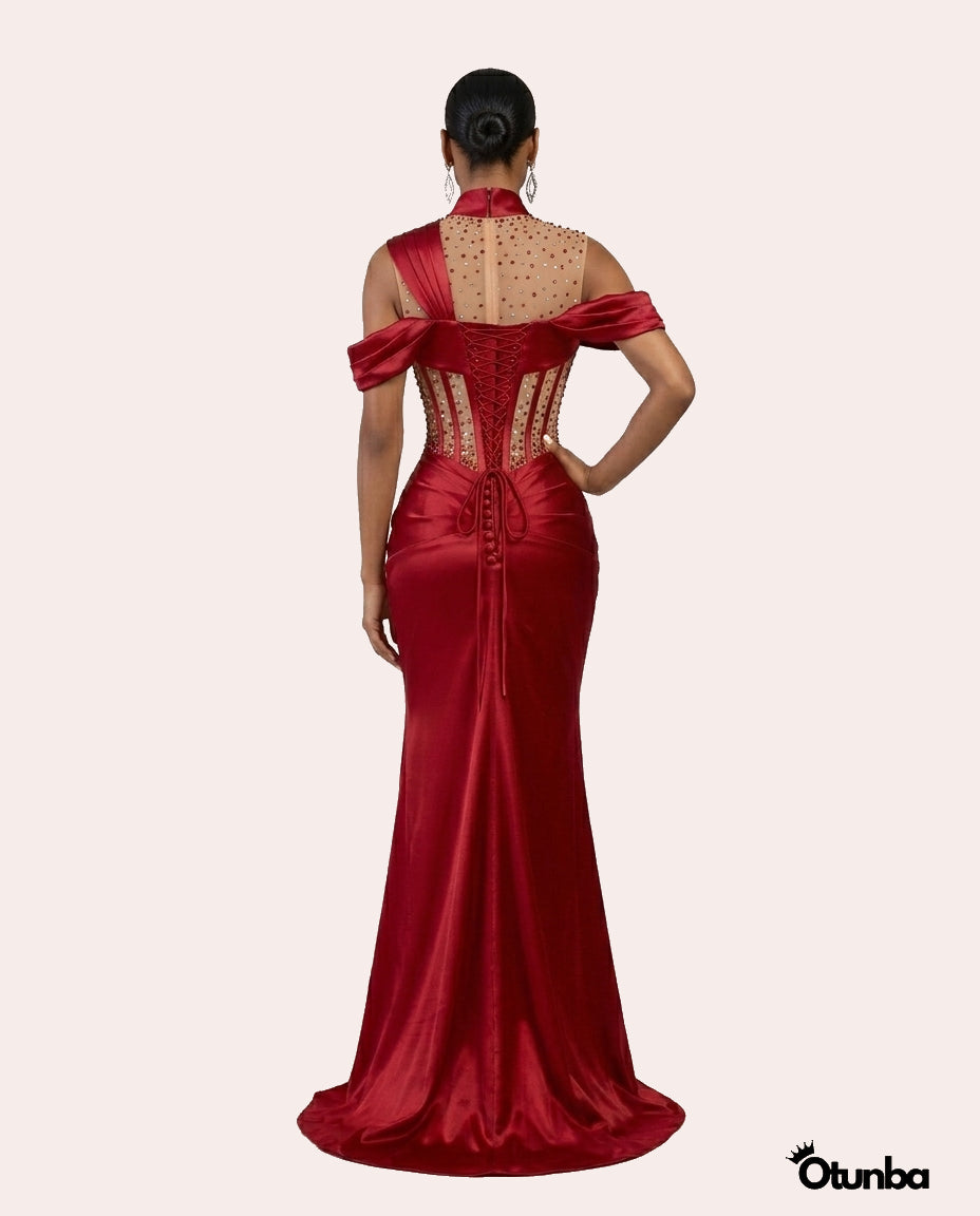 Luxury Long Satin Prom Corset Dress | Red — Photo 2 | OTUNBA Luxury Fashion