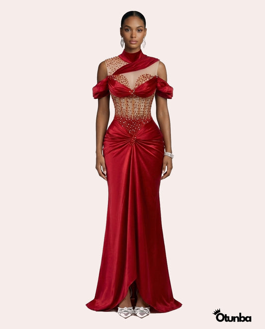 Luxury Long Satin Prom Corset Dress | Red — Photo 3 | OTUNBA Luxury Fashion