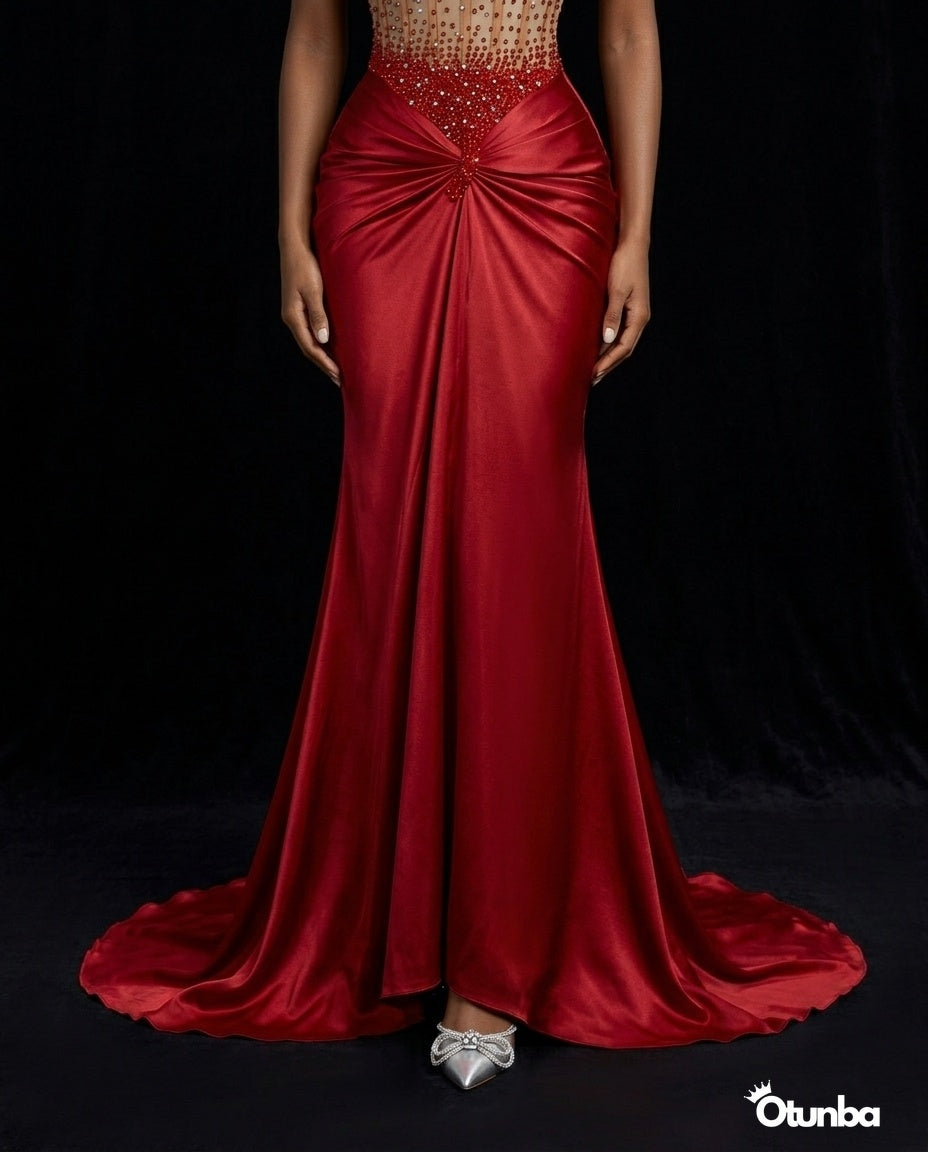 Luxury Long Satin Prom Corset Dress | Red — Photo 5 | OTUNBA Luxury Fashion