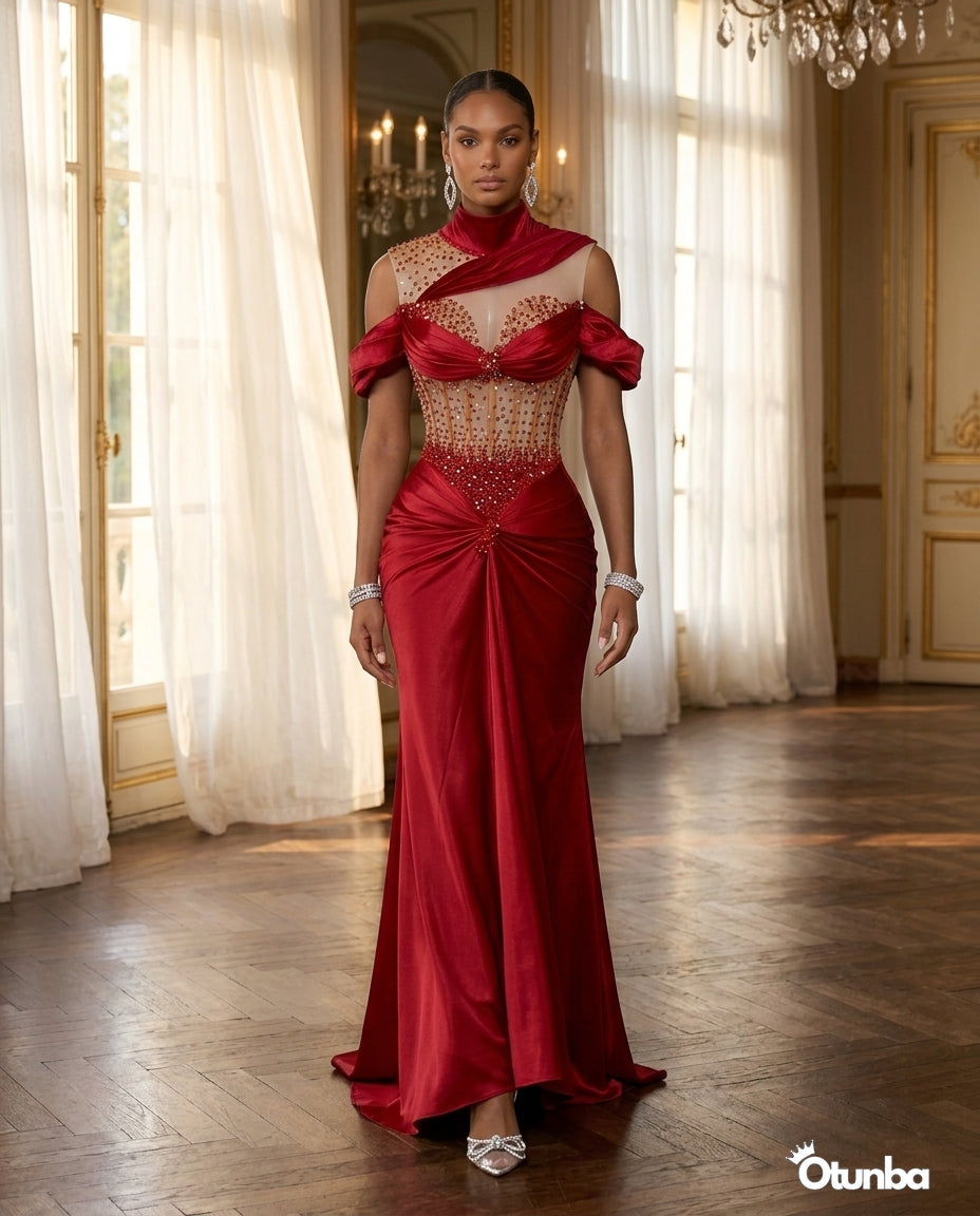 Luxury Long Satin Prom Corset Dress | Red — Social 1 | OTUNBA Luxury Fashion