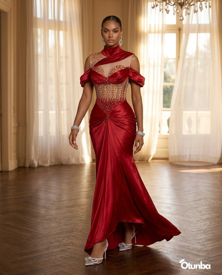 Luxury Long Satin Prom Corset Dress | Red OTUNBA Luxury Long Satin Prom Corset Dress | Red OTUNBA
