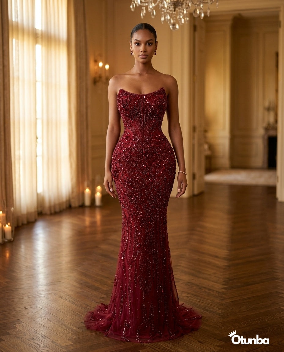 Luxury Long Silver Sequence Prom Dress | Red — Social 2 | OTUNBA Luxury Fashion