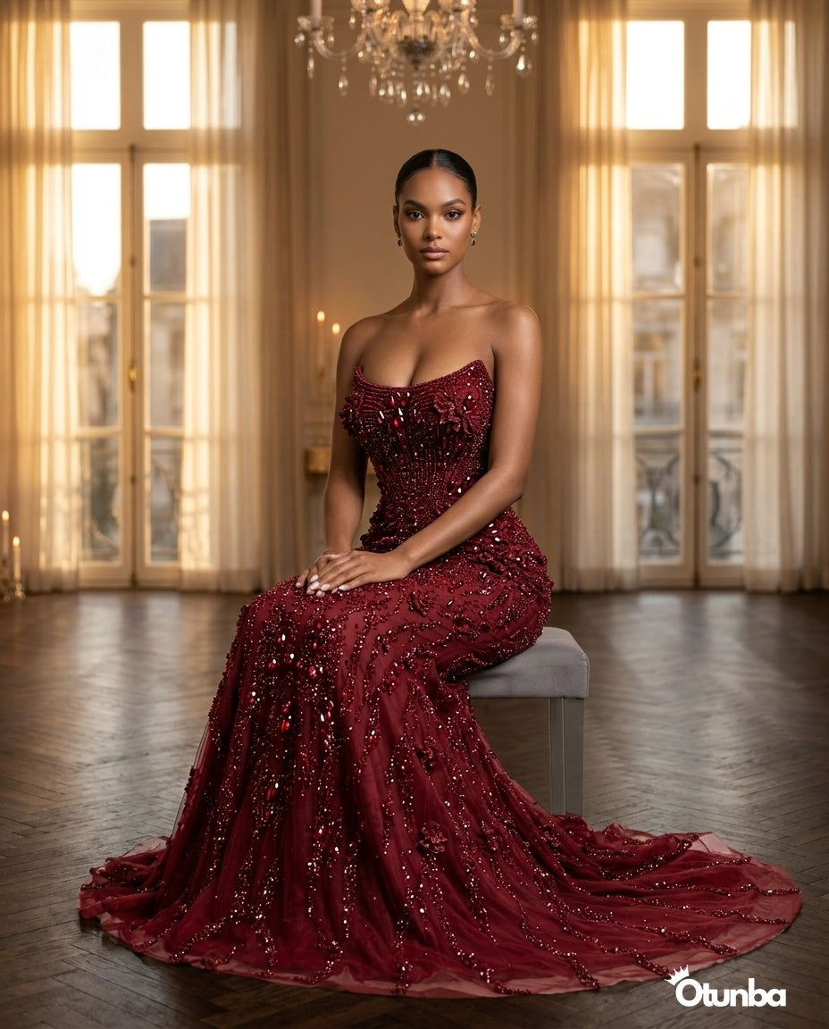 Luxury Long Silver Sequence Prom Dress | Red — Social 5 | OTUNBA Luxury Fashion