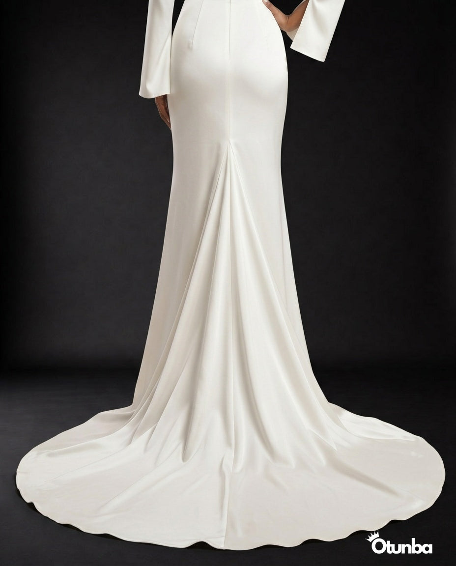 Luxury Long Sleeve Satin Wedding Dress | Detachable Tail OTUNBA Luxury Long Sleeve Satin Wedding Dress | Detachable Tail OTUNBA