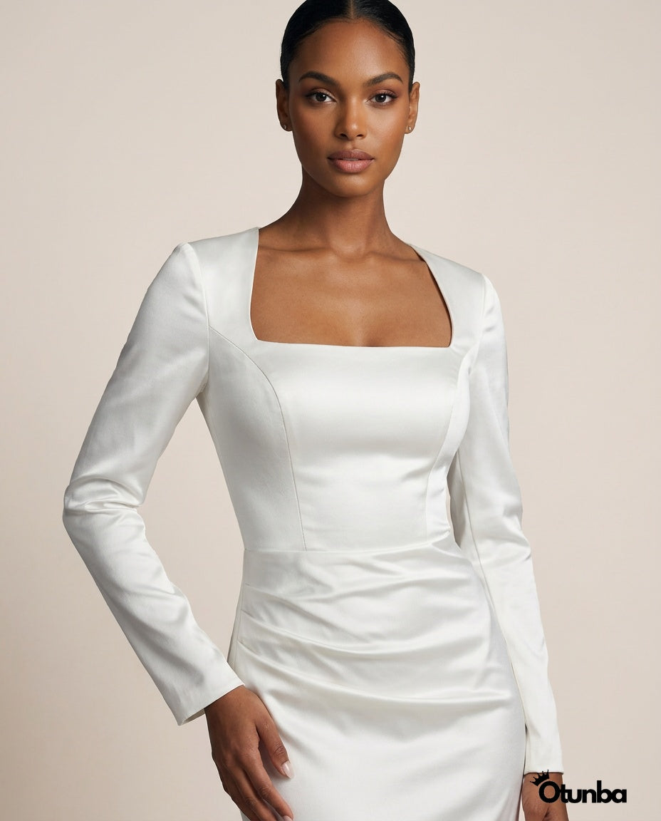 Luxury Long Sleeve Satin Wedding Dress | Detachable Tail — Photo 2 | OTUNBA Luxury Fashion