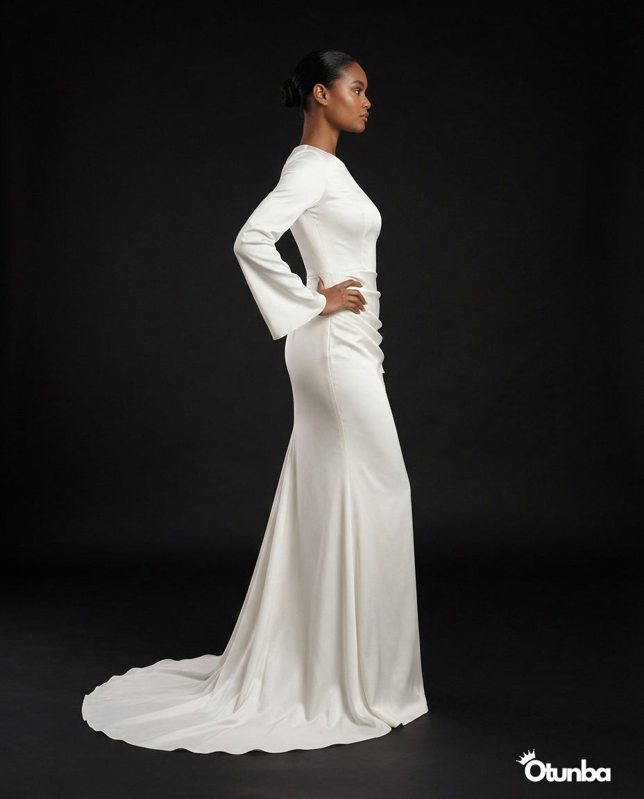 Luxury Long Sleeve Satin Wedding Dress | Detachable Tail — Photo 3 | OTUNBA Luxury Fashion