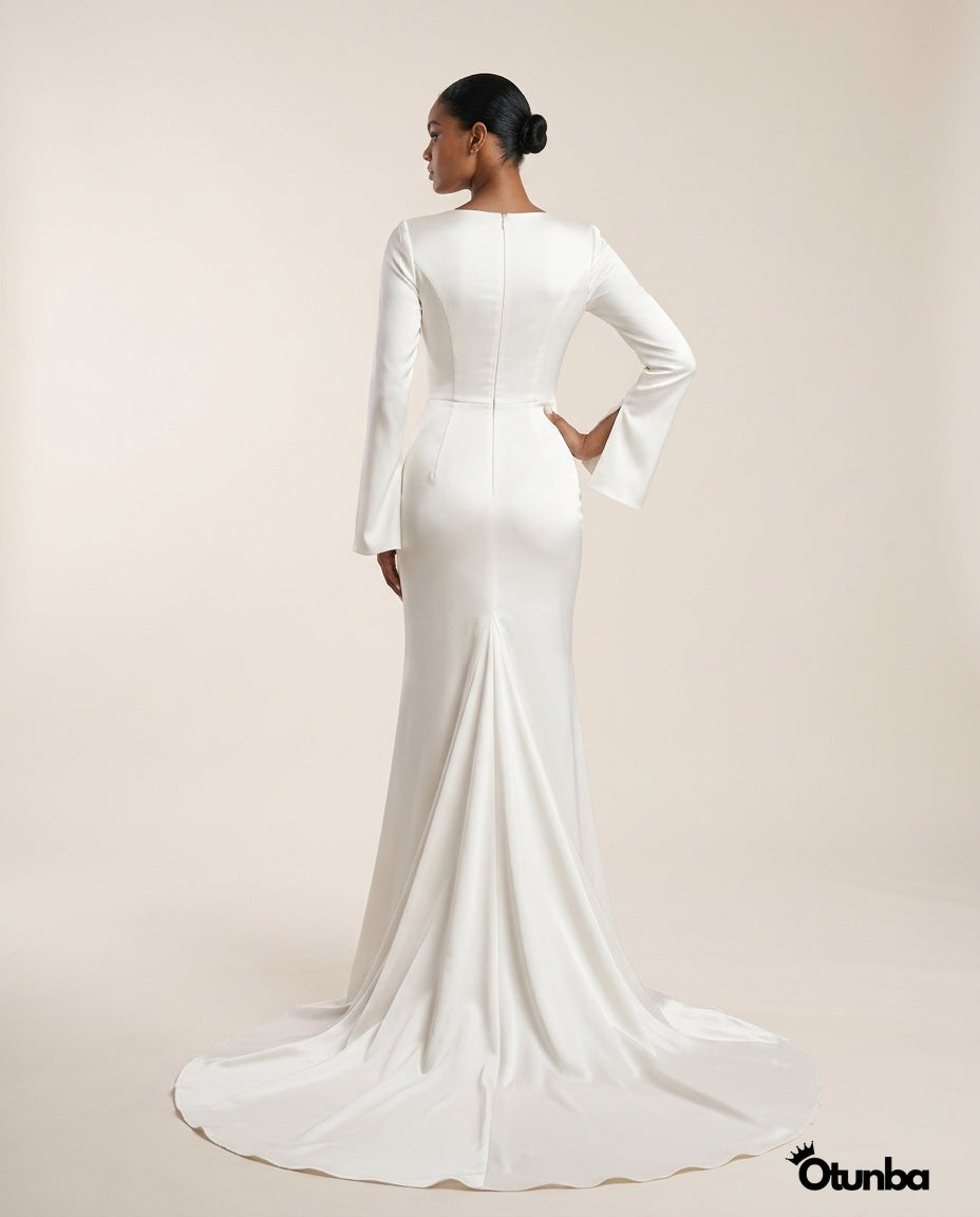 Luxury Long Sleeve Satin Wedding Dress | Detachable Tail — Photo 4 | OTUNBA Luxury Fashion