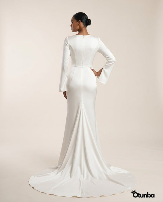 Luxury Long Sleeve Satin Wedding Dress | Detachable Tail — Photo 4 | OTUNBA Luxury Fashion