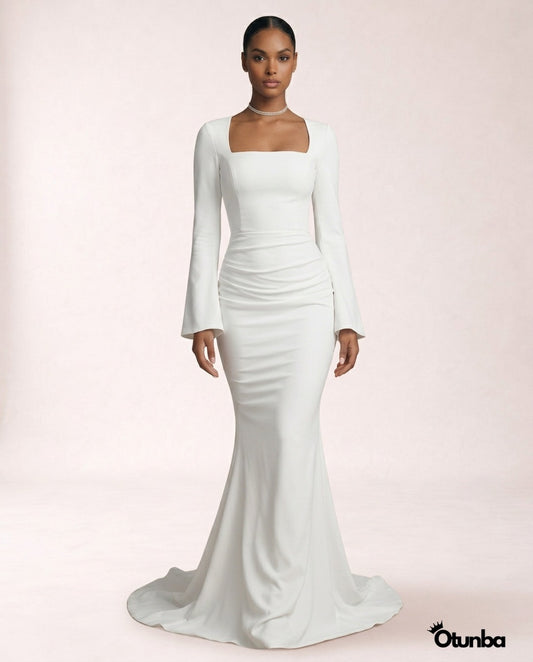 Luxury Long Sleeve Satin Wedding Dress | Detachable Tail — Photo 5 | OTUNBA Luxury Fashion