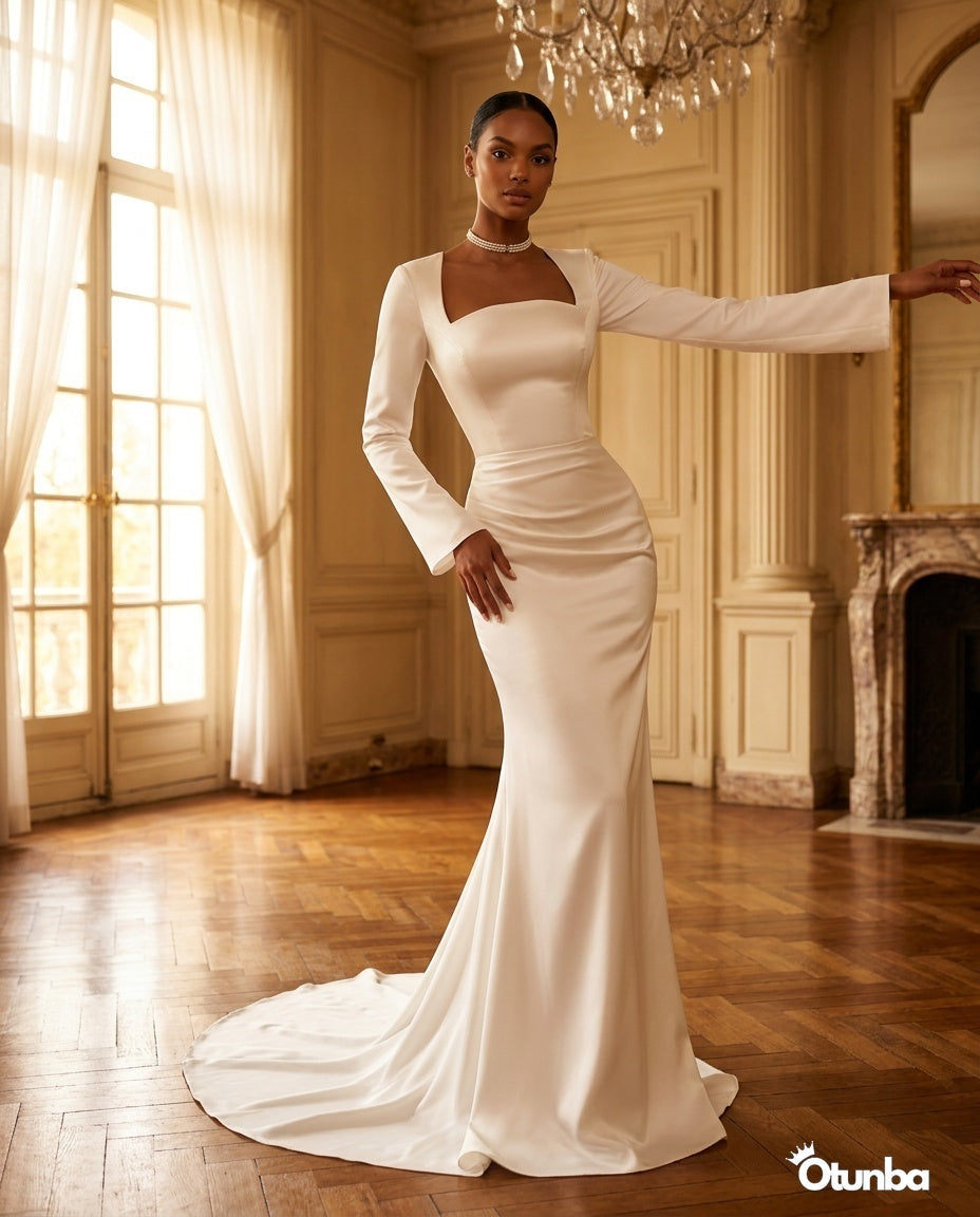 Luxury Long Sleeve Satin Wedding Dress | Detachable Tail OTUNBA Luxury Long Sleeve Satin Wedding Dress | Detachable Tail OTUNBA