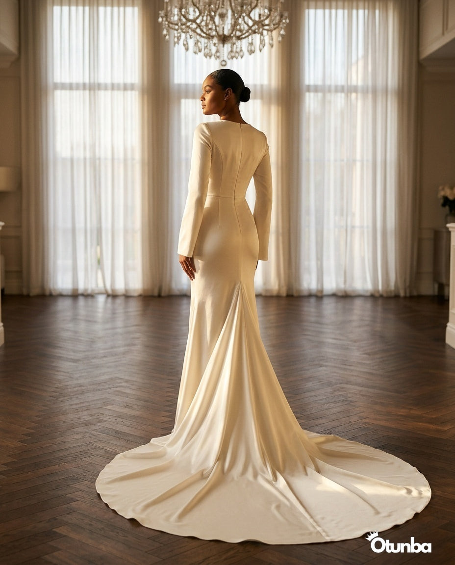 Luxury Long Sleeve Satin Wedding Dress | Detachable Tail — Social 3 | OTUNBA Luxury Fashion