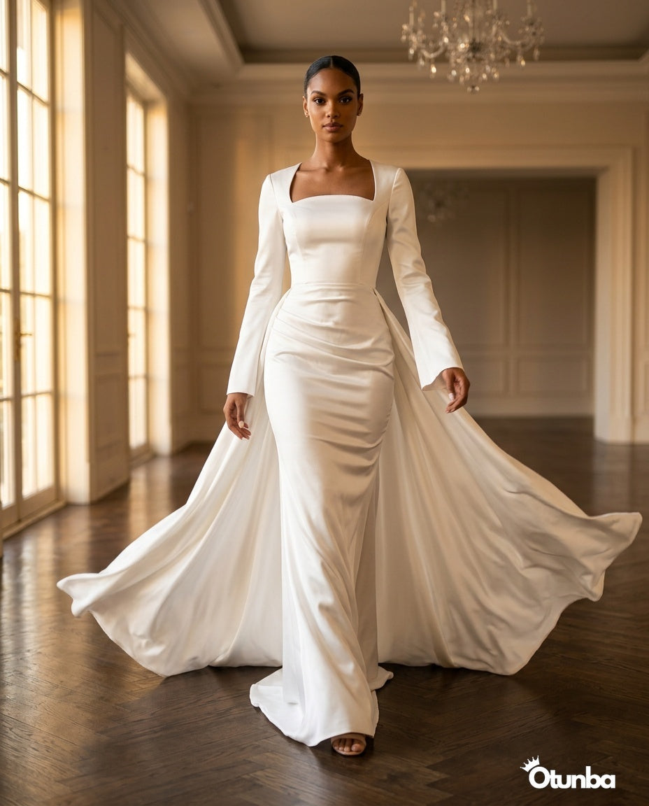 Luxury Long Sleeve Satin Wedding Dress