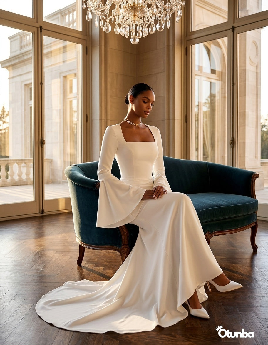 Luxury Long Sleeve Satin Wedding Dress | Detachable Tail — Social 5 | OTUNBA Luxury Fashion