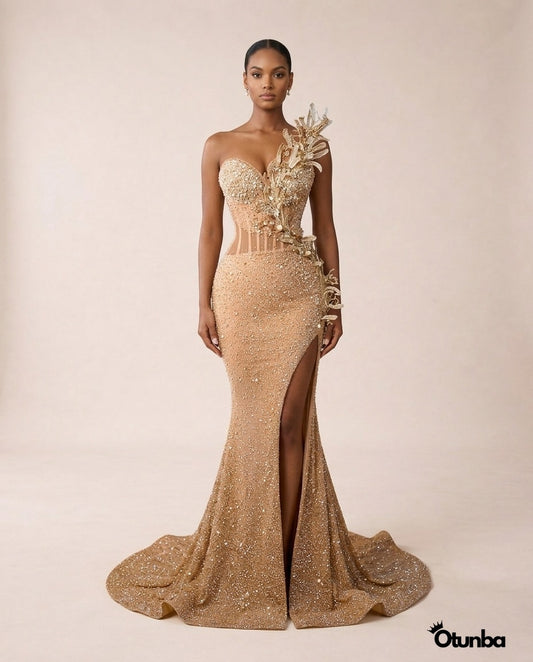 Luxury Mermaid Prom Gown with Floral Beading | Champagne — Photo 1 | OTUNBA Luxury Fashion